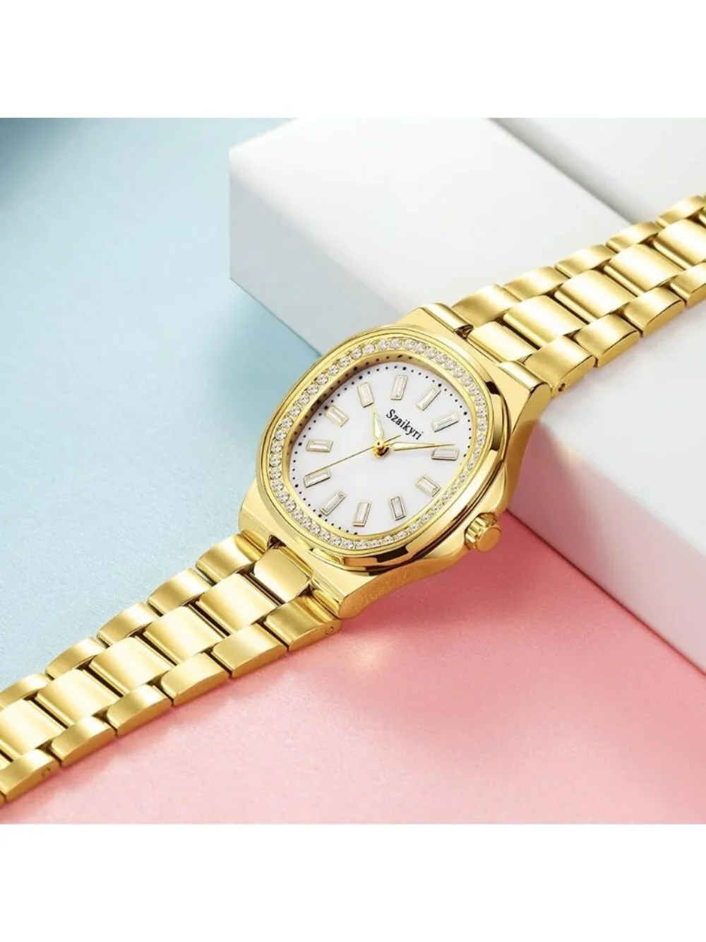 Women's Gold White Crystal Accented Solid Stainless Steel Band Dress Wrist Watch